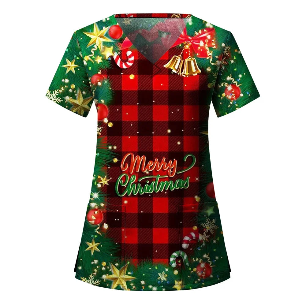 Womens Christmas Nurse T Shirt Print Short Sleeve V Neck Workwear With Pocket Working Nurse Work Wear Overalls Medical Uniforms