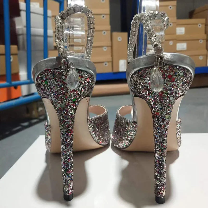 Colorful Chain Water Diamond Sandals Brand Walk Show Fish Mouth Evening Dress Elegant High Heels 2023 New Pendant Women's Shoes