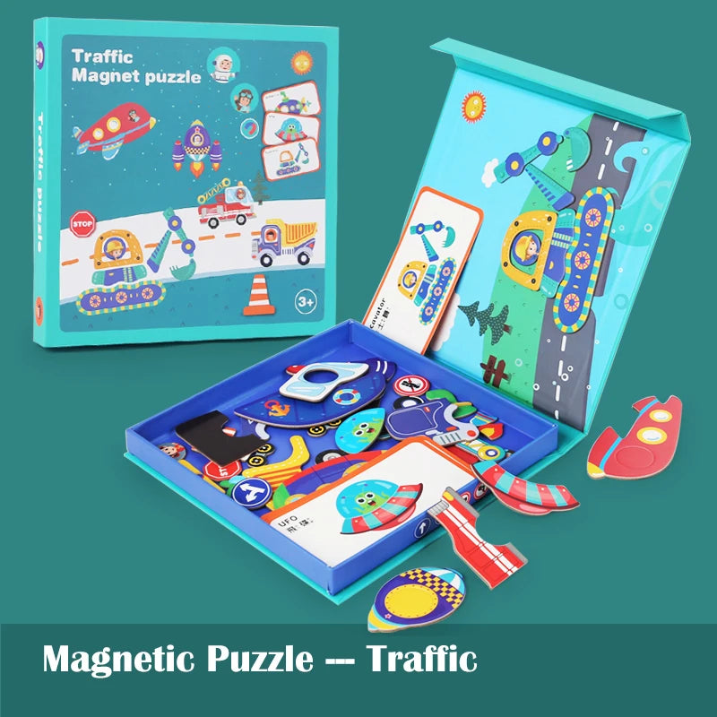 Magnetic Puzzles, Car Airplane Road Travel Activities Games For Children, Change Clothing, Change Face,Traffic Ocean Puzzles