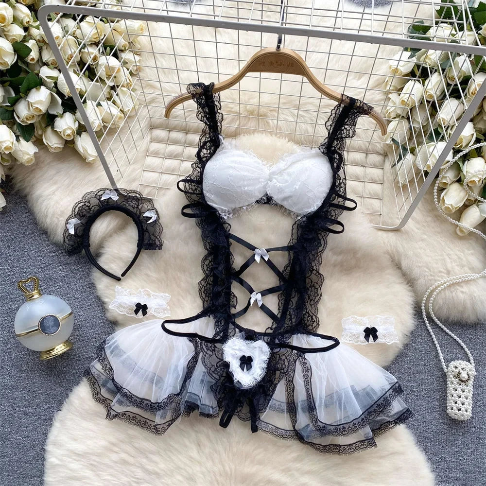Summer Girls Sexy Hot Sweet Transparent Suspender Mini Dress Women Elastic Waist And Backless Strap Lolita Pajamas Bubble Skirt