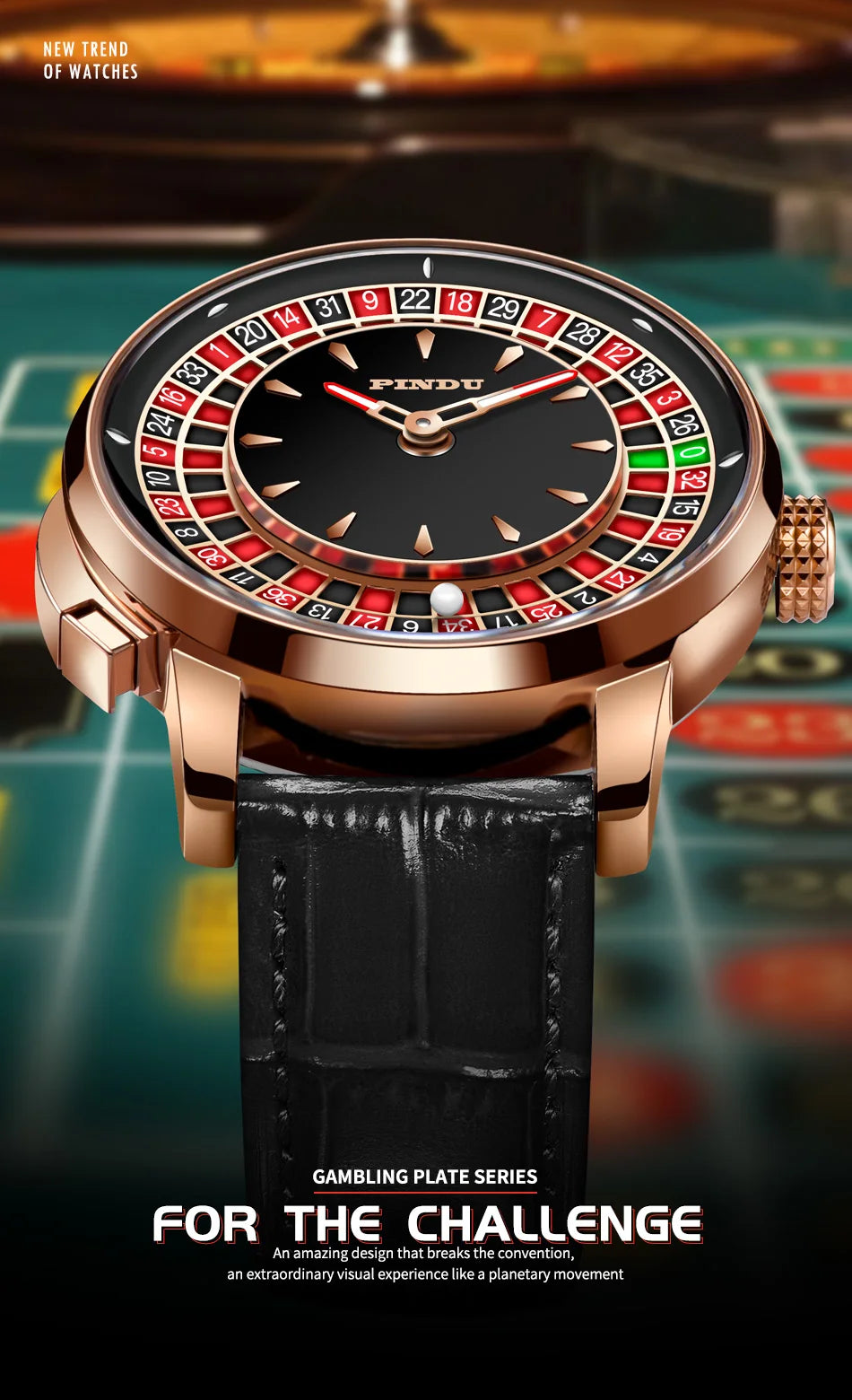 PINDU Player Series Mechanical Watches for Men European Roulette Game Dial Automatic Movement Funny Design Party  Watch