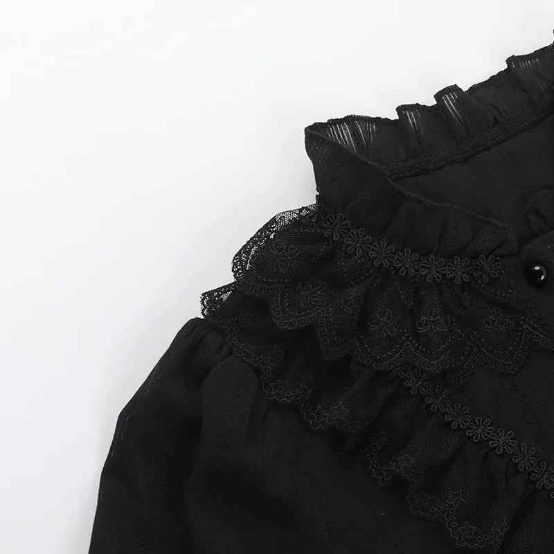 Sweet Lolita Cotton Shirts Women Vintage Gothic Black White Jacquard Short Sleeve Blouses Elegant Office Lady Y2k Tops
