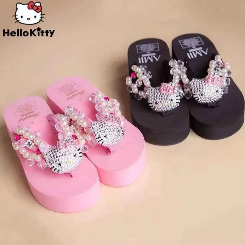 Hello Kitty Kawaii Soft Flip Flop Sandals Y2k Beach Slides Shoes Women Casual Wedge High Heels Platform For Slippers Ladies Gift