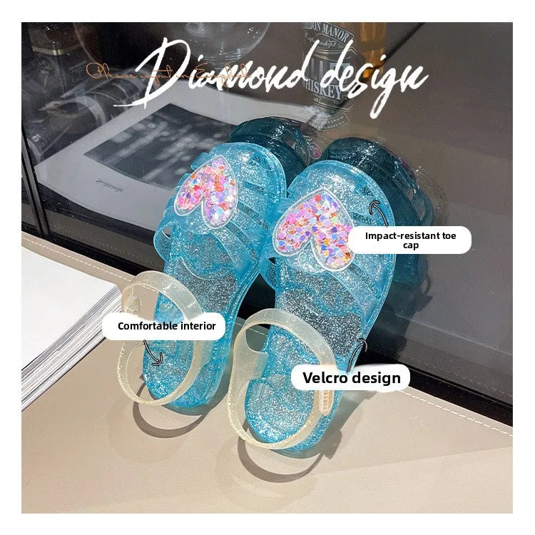 2026Kids' Sandals Ourdoor Crystal Jelly Shoes PVC Love Baby Fashion Flat For Girls Breathable Anti-slip Purple Sliver Size 24-35
