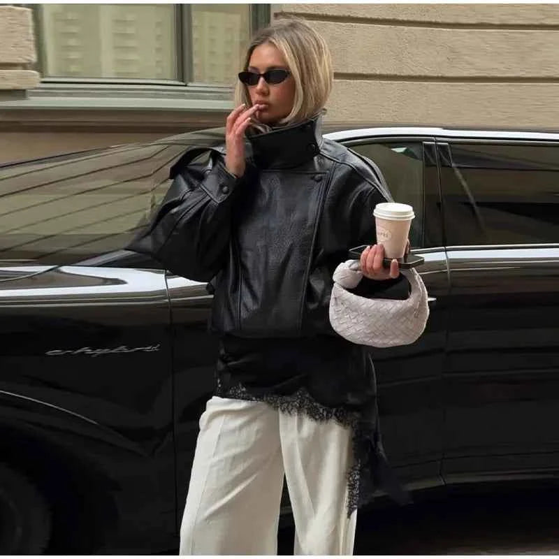 Vintage PU Leather Women's Jacket Stand Collar Zipper Button Coats Female Long Sleeve Outerwear Spring Lady Street Jackets