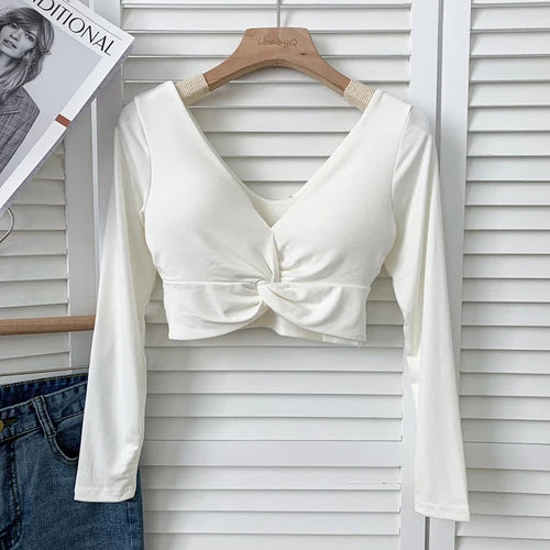 t shirt woman crop tops long sleeve kawaii T shirts built in bra women sexy top harajuku korean fashion