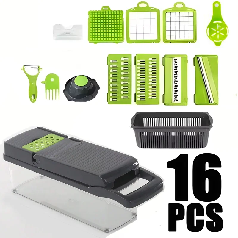 Hot 16Pcs Set Vegetable Chopper Onion Chopper With Handle Ideal For Food Grating Slicing Dicing And Shredding In Kitchen