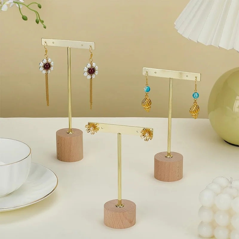 Metal T Bar Earring Display Stand Jewelry Stand with Wooden Round Base Earring Hanging Holders Jewelry Organizer