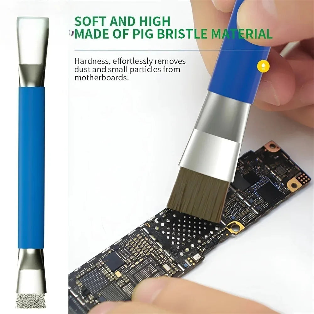 Safe double-ended brush circuit board repair for integrated circuit chips, cleaning of mobile phone/computer motherboards