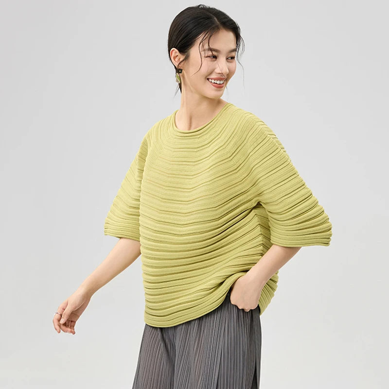 LANMREM Casual Pleated Texture Round Neck Half Sleeve Thick Wome's T-shirt Chic New Knitwear Fashion Pullover Top Chic 2DB5036