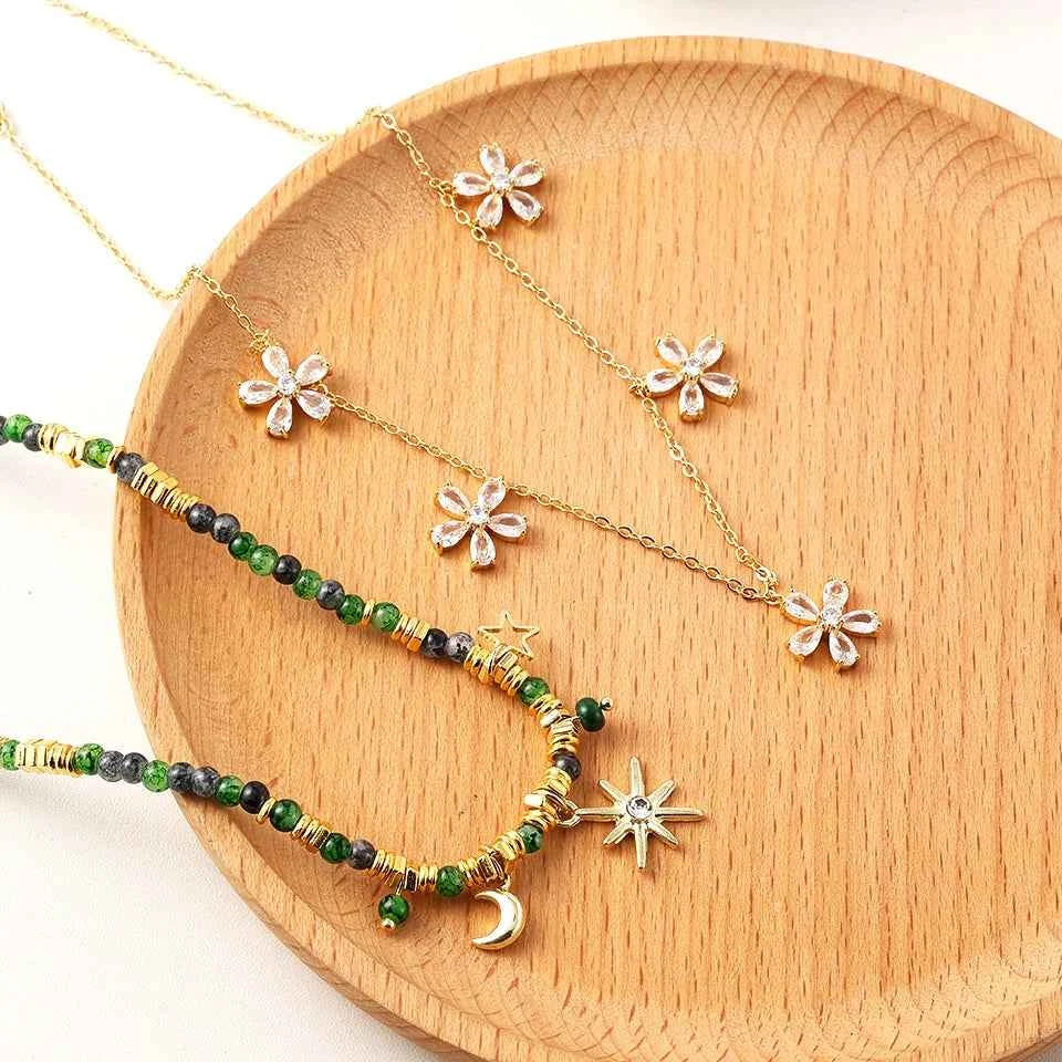 ZAKOL Vintage Bohemian Style Stone Beads Necklace for Women Charm Mang Star Pendant Stacked Clavicle Chain Fashion Jewelry Gifts