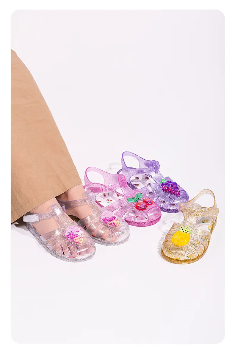 2026 Children's Transparent Crystal Jelly Sandals Soft Non-Slip Sole Princess Roman Style for Summer Cute Kids Footwear