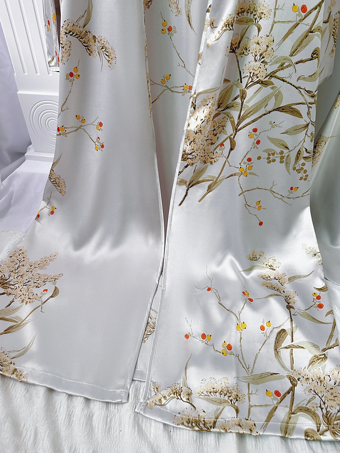 Floral Print Pajama Set Long Sleeve Robe With Belt   V Neck Slip Dress  Women's Sleepwear  Loungewear