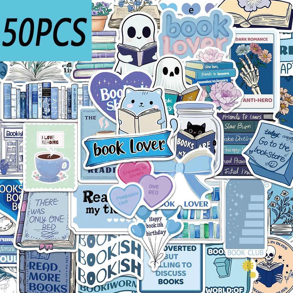 50pcs blue bookish series cartoon graffiti stickers, decorate computers, skateboards, helmets, waterproof stickers