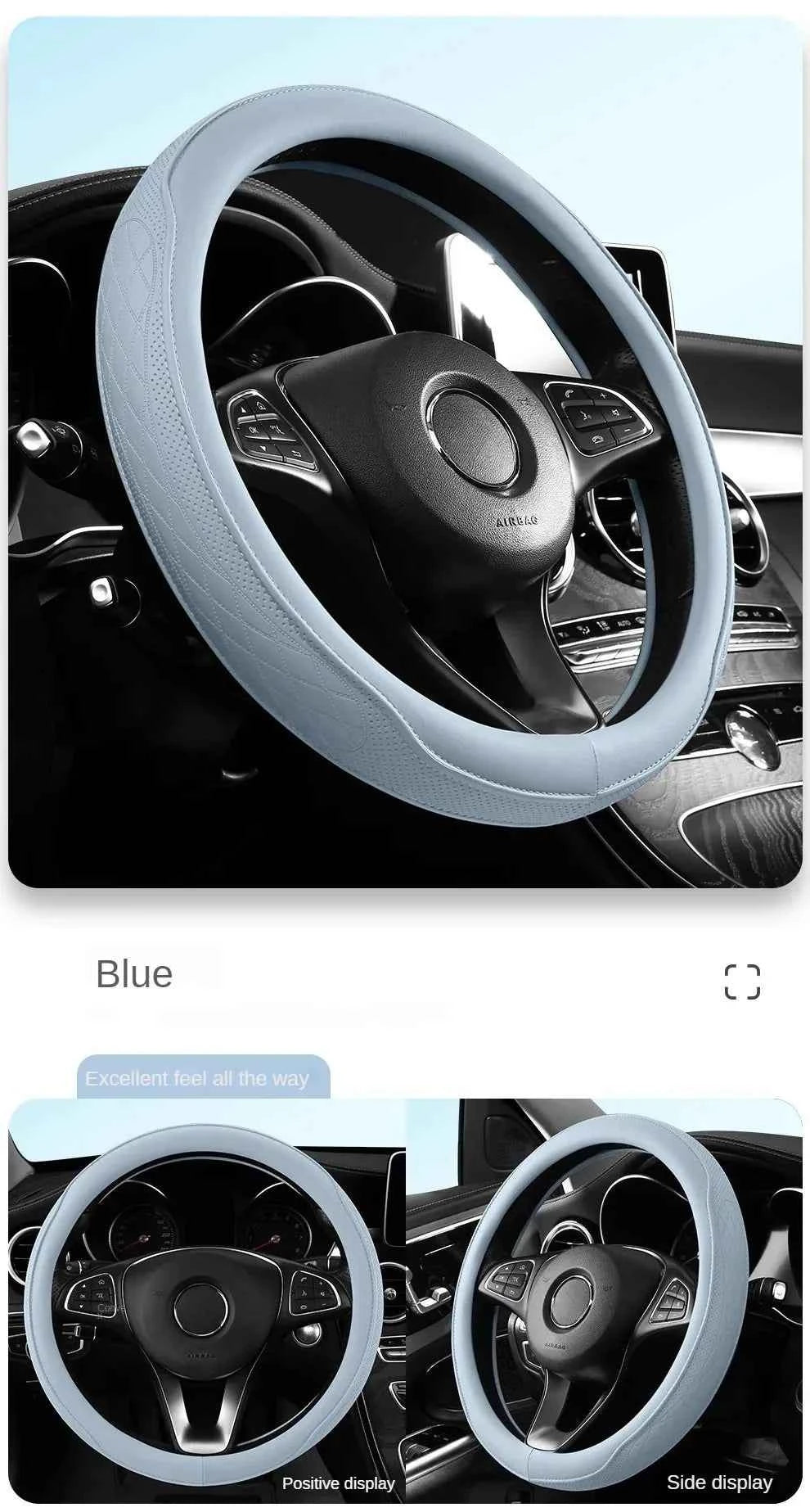 Embossed PU Leather Patchwork Car Steering Wheel Cover, Non-slip, Breathable, Universal 15 Inch (Approx. 38cm)