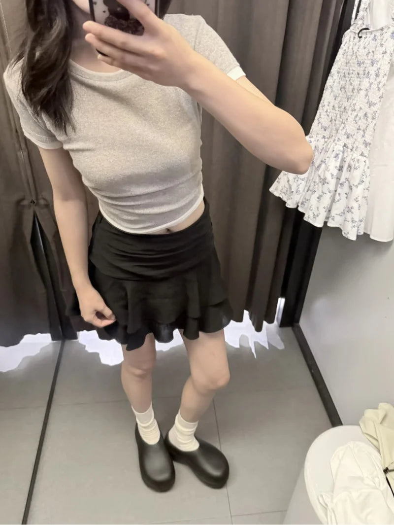 ETJ 2025  women's summer new sexy fashion hot girl style flouncy stacked decoration mid-waist short skirt pants