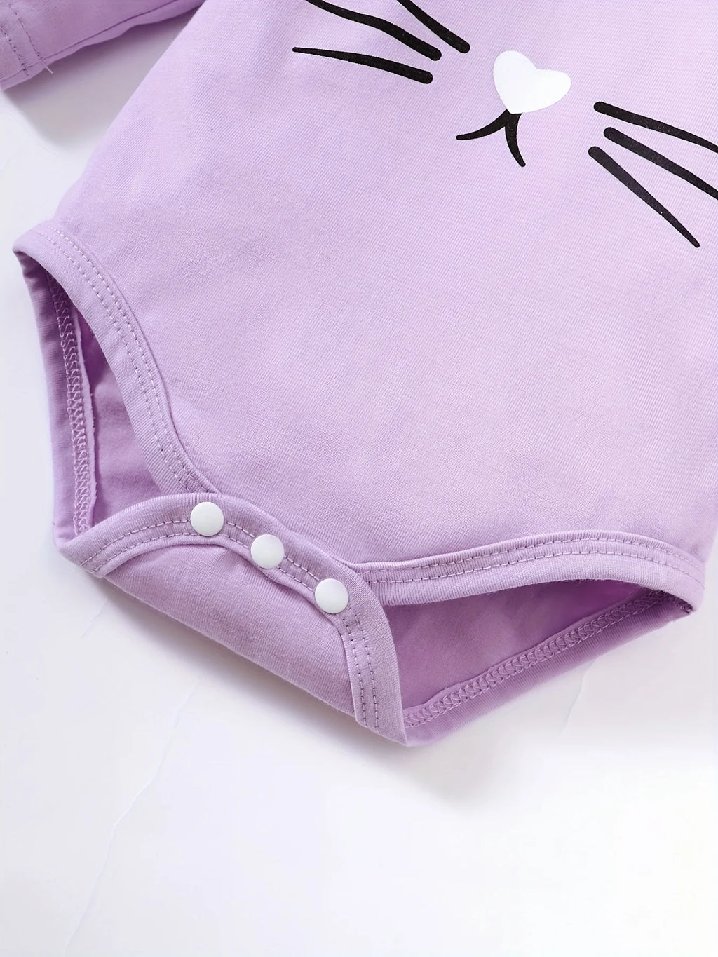 Adorable and trendy purple kitten print long-sleeve romper with zipper and long pants, 2-piece set for infants and toddlers