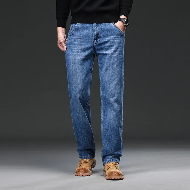 2026 Men Jeans 100% Cotton Thick Straight Plus Big Size 42 44 46 48 140KG Loose Classic Black Denim Trousers Casual Pants