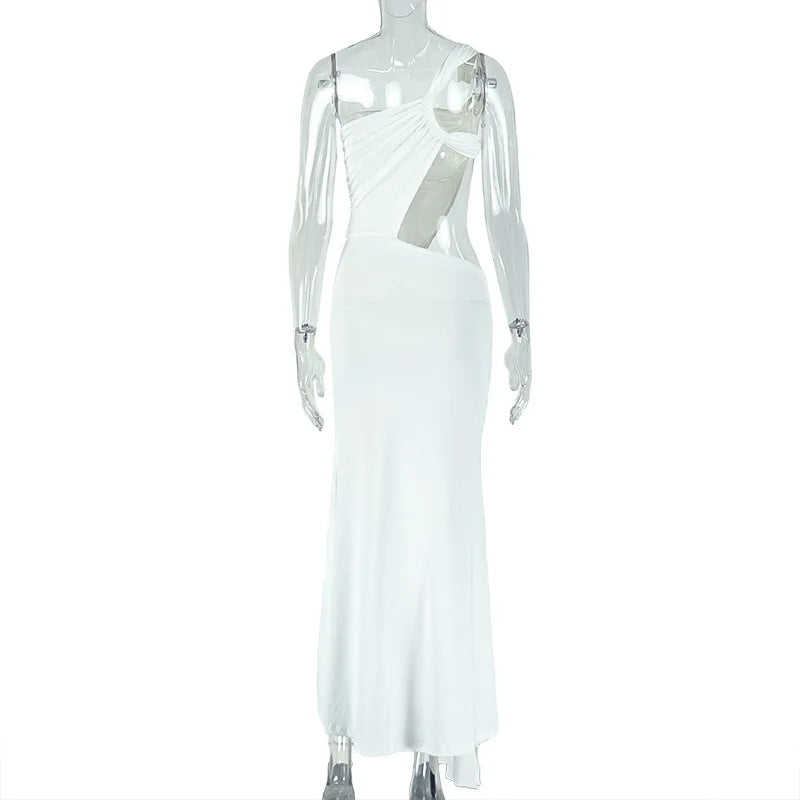 Weird Puss Irregular Hollow One Shoulder Maxi Dress Women Skew Collar Backless Ruched Kink Ribbon Prom Party Elegant Vestidos