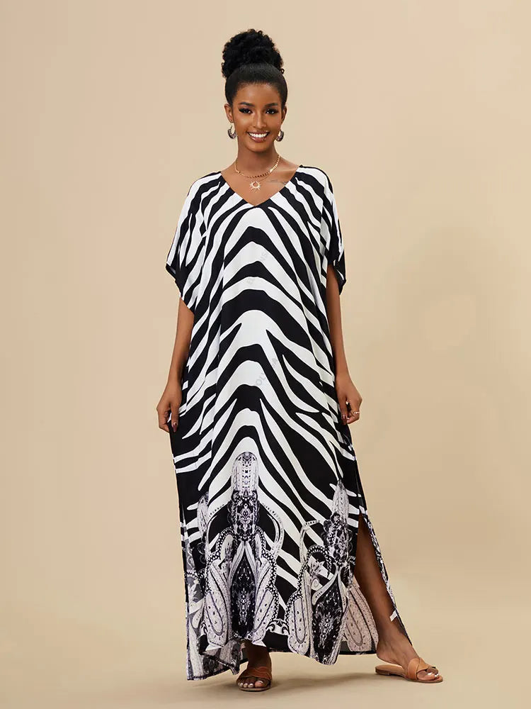 EDOLYNSA 2023 Bohemian Printed Loose Kaftan Casual Summer Vacation Maxi Dress Women Clothing Beach Wear Swim Suit Cover Up Q1469