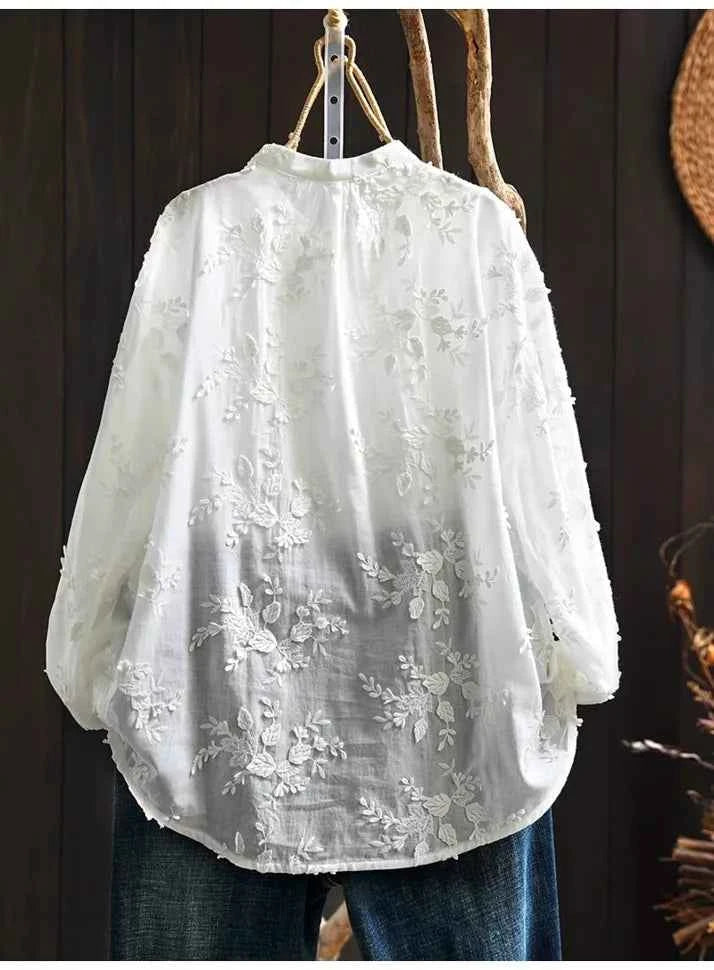 SuperAen Spring New Three-dimensional Flower Embroidered Cotton White Shirt Women Loose Sweet O-neck Long-sleeved Shirts