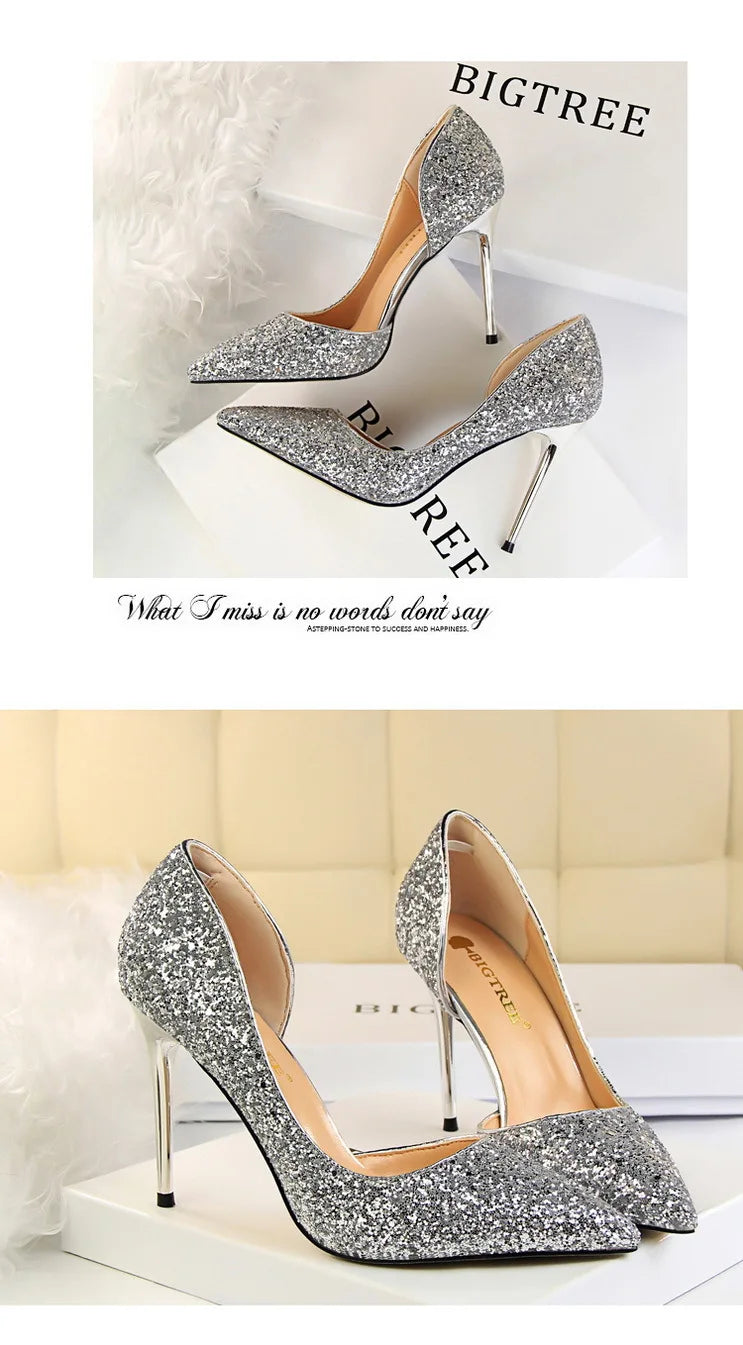 BIGTREE Shoes Champagne Women Pumps Sequin Wedding Shoes Stiletto High Heels Women Shoes Luxury Party Shoes Pumps Plus Size 43