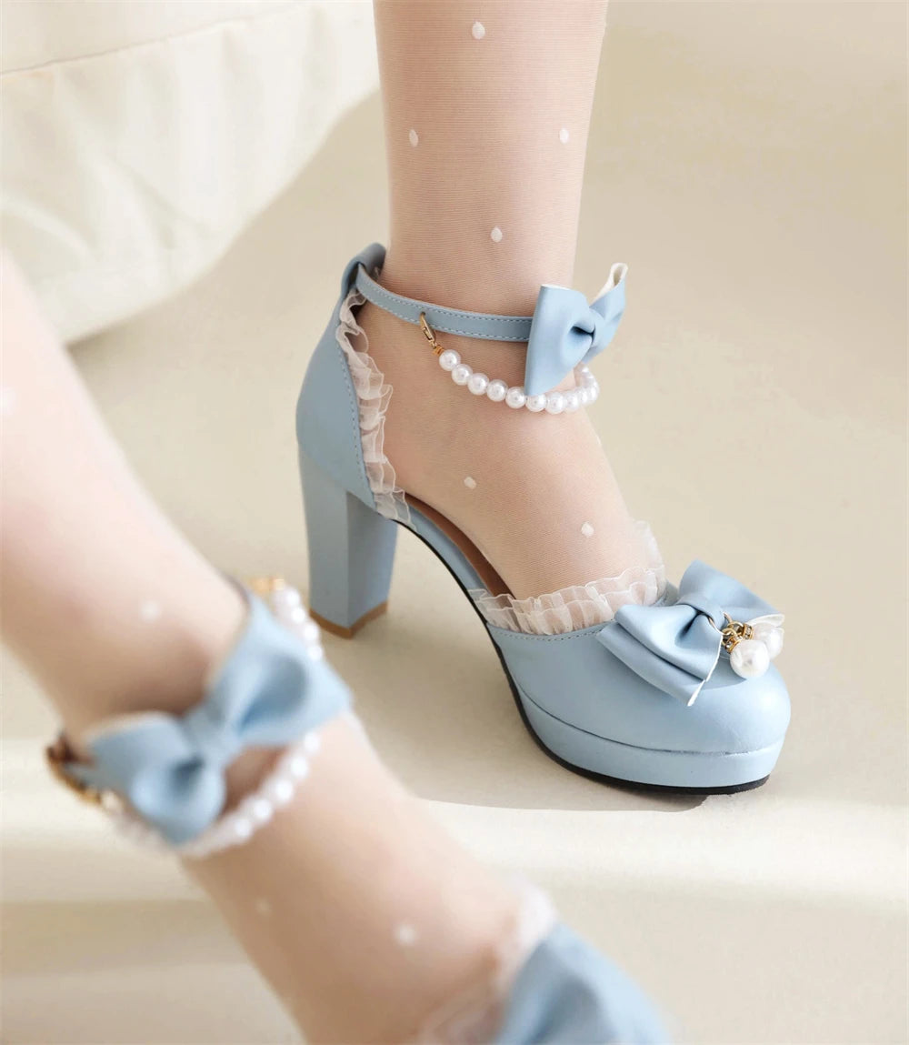 Spring Pearl Ankle Strap Women High Heels Mary Jane Pumps Party Wedding Cosplay White Pink Bow Princess High-heeled Lolita Shoes