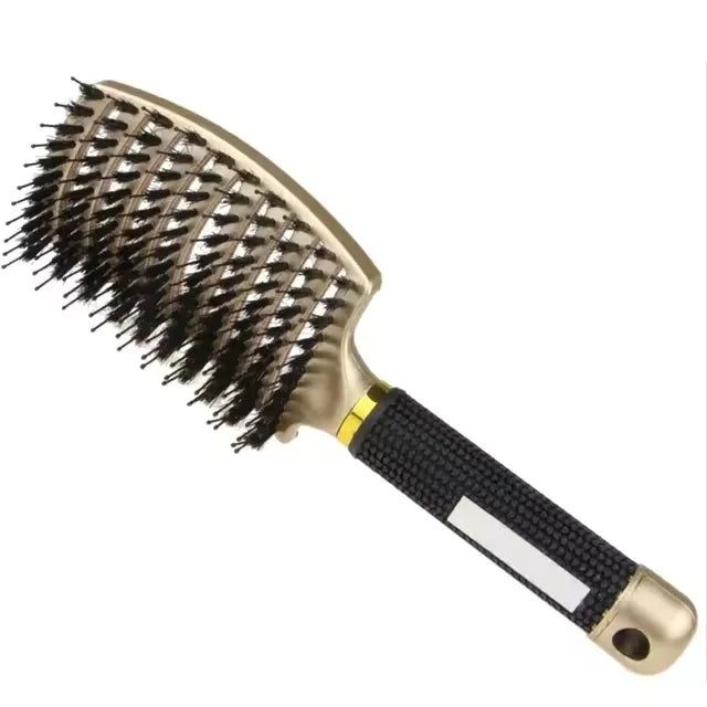 Gold Color Detangling Scalp Massage Hair Brush With Boar Bristles