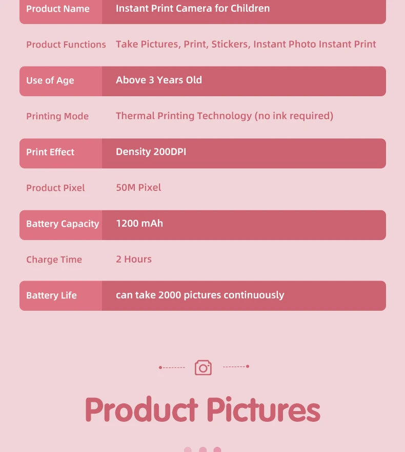 Kids Photo Camera Printer with Game Cute Bunny Mini Digital Video Child Instant Print Camera 4-12 Years Kids Girls Boyes Gifts