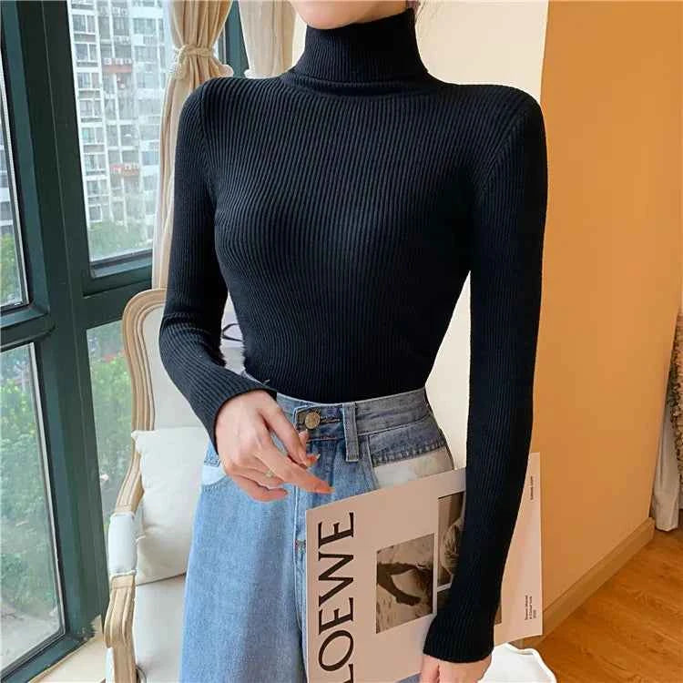 2026 Autumn Winter Women Long Sleeve Knitted Foldover Turtleneck Ribbed Pull Sweater Soft Warm Femme Jumper Pullover Clothes