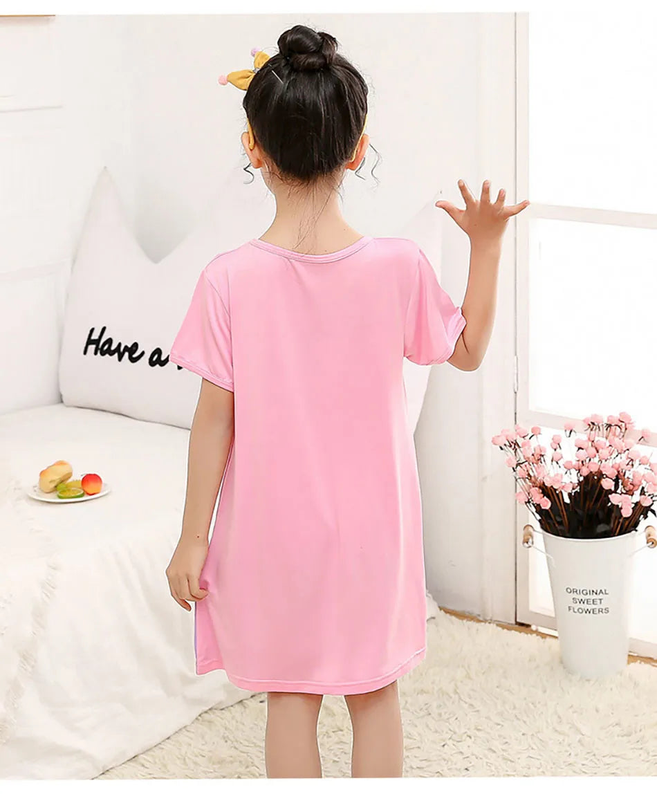 Girl Mermaid Dress Children Short Sleeve Summer Princess Dress Breathable Cartoon Print Girls Soft Silk Nightgown Kids Sleepwear