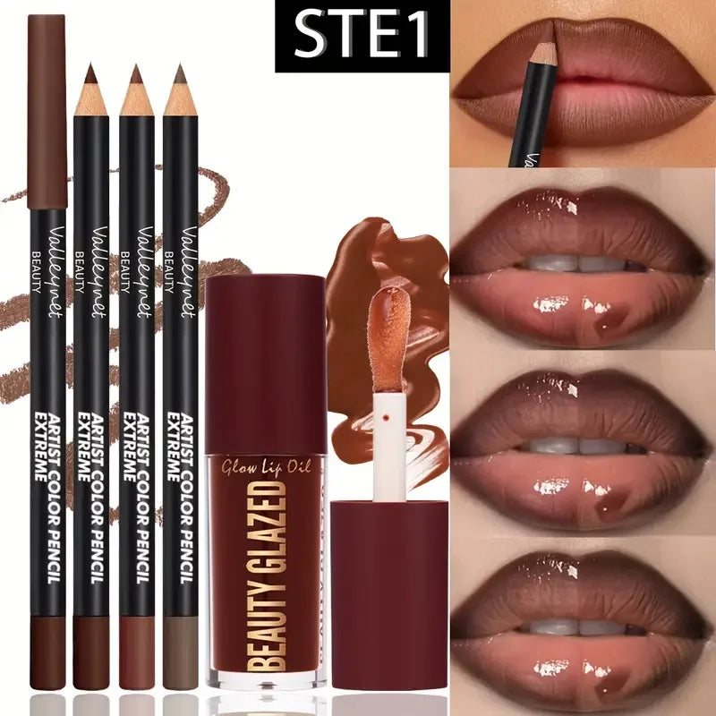 4pcs Lip Kit Set-3pcs Lip Liner+1pc Lip Glaze, Waterproof&Long-Lasting Matte Effect,Versatile for Casual & Formal Occasions,
