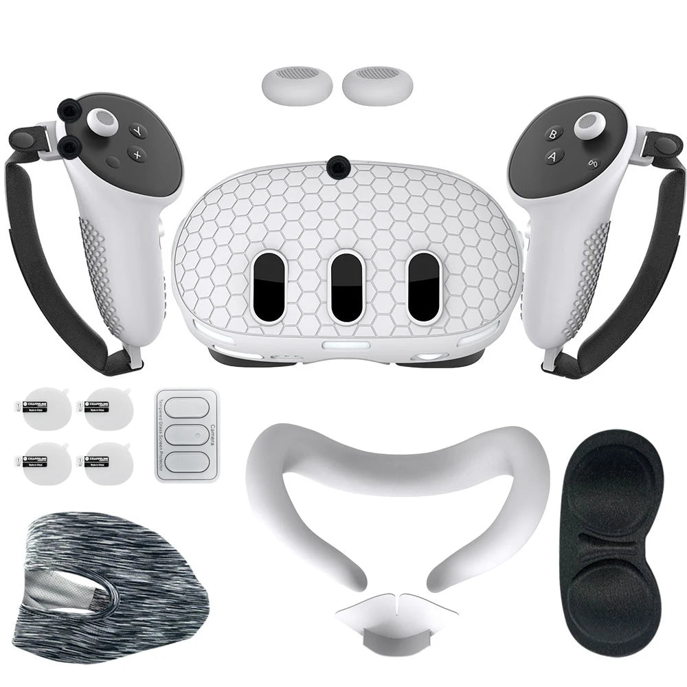 For Meta Quest 3 Silicone Protective Shell 7 IN 1 Set Controller Grip Cover Tempered Glass Film Face Case Lens Cap VR Accessory