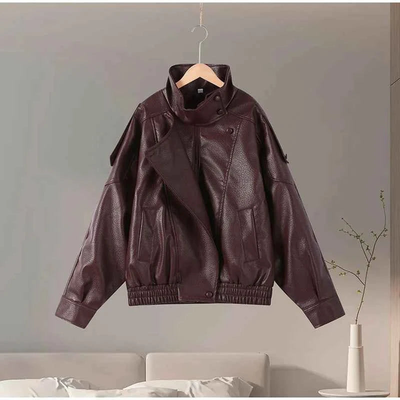 Vintage PU Leather Women's Jacket Stand Collar Zipper Button Coats Female Long Sleeve Outerwear Spring Lady Street Jackets