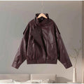 Vintage PU Leather Women's Jacket Stand Collar Zipper Button Coats Female Long Sleeve Outerwear Spring Lady Street Jackets