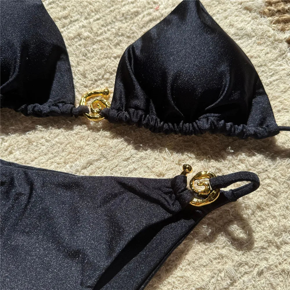 Solid Orange Swimwear Metal Ring String Halter Triangle Micro Bikini Thong Sexy Swimsuit Women 2026 Bathing Suit Bikinis Sets