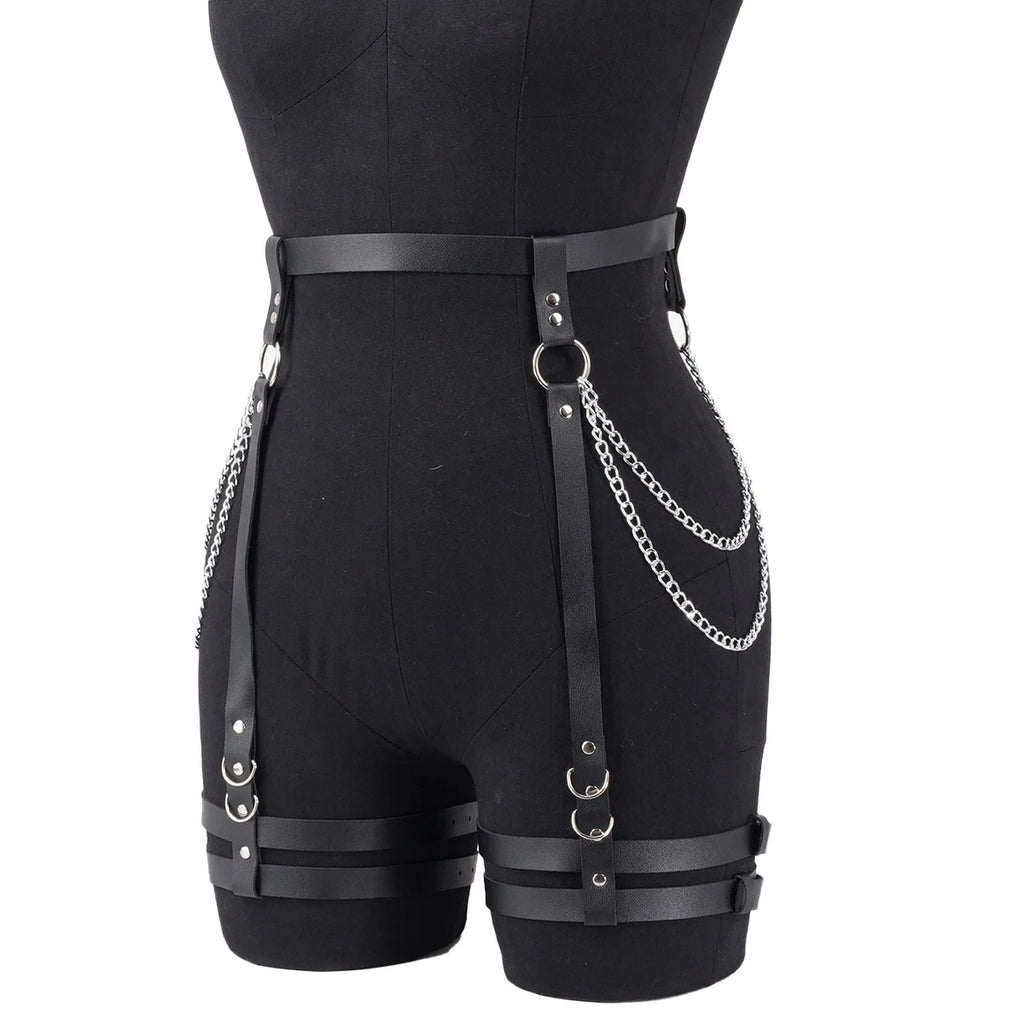 Harness PU Leather Women Chain Tassel Waist To Thigh Harness Punk Gothic Adjustable Body Accessory For Rave Party Festival Outfi