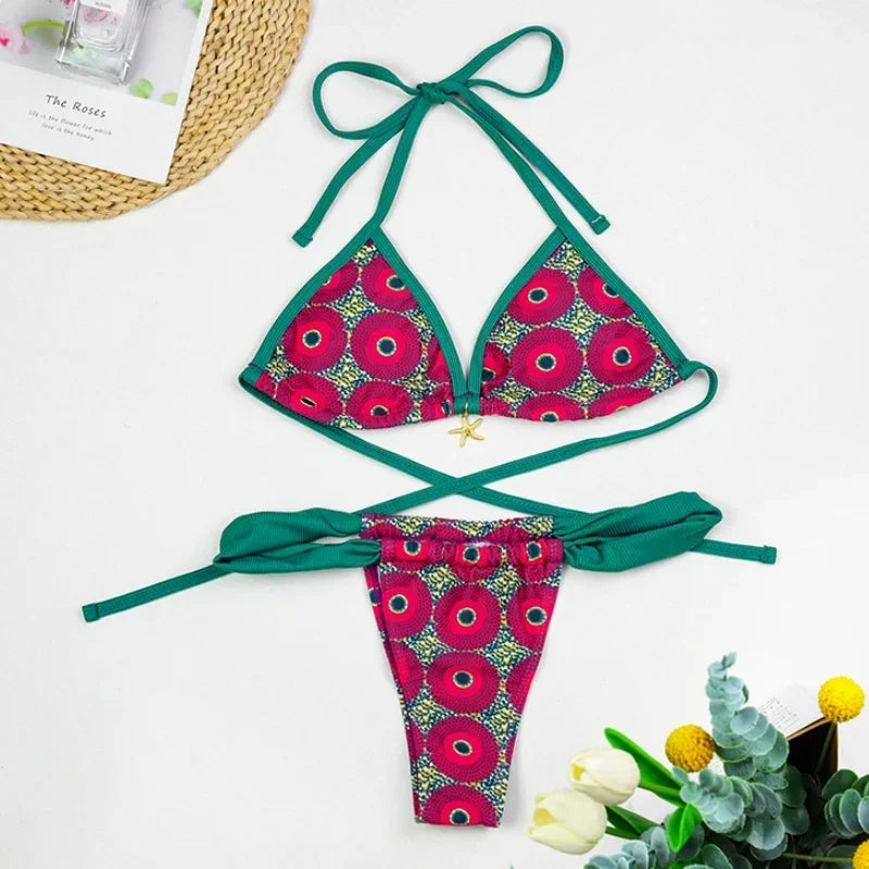 Bikinis Women Swimsuit Vintage Contrast Print Patchwork Design Sense Push Up Bikini Set Bathing Suit Swimming Beachwear 2 Piece