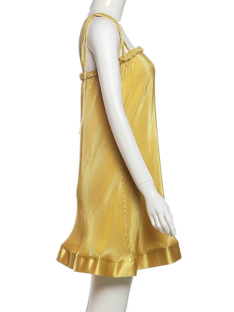 Cutenew Loose Stunning Women Mini Dress Summer Silky Ruffle Woven Strap Splice Sleeveless Vestidos Female Concise Party Frock