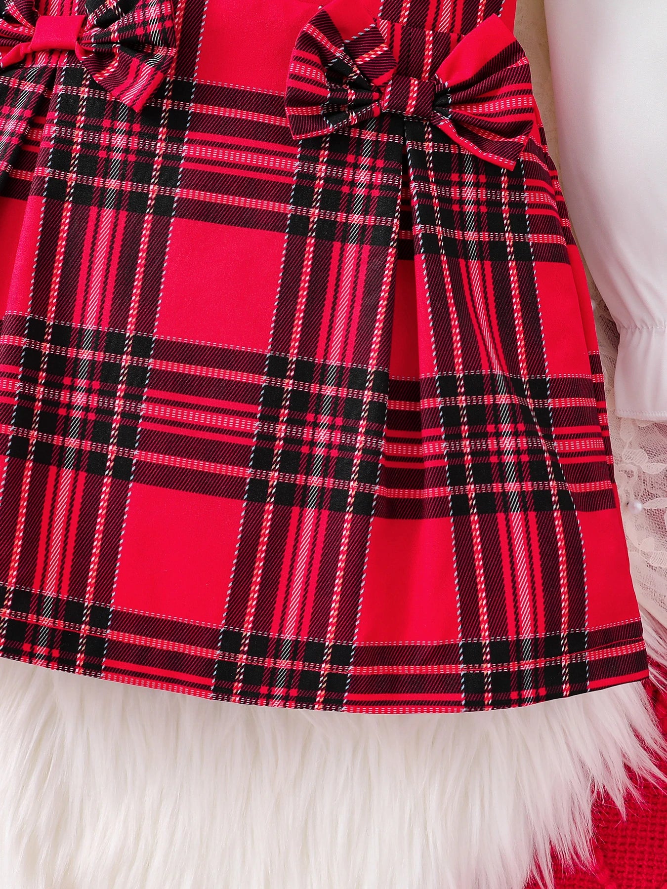 Children's Spring and Autumn New Girl Fashion Cute Three Piece Set Knitted Red Tank Top+Lace Collar Lining+Checkered Half Skirt