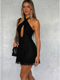 Women's hollow suspender mini dress, solid color sexy summer vacation clothing，concert outfits for women，halloween clothes