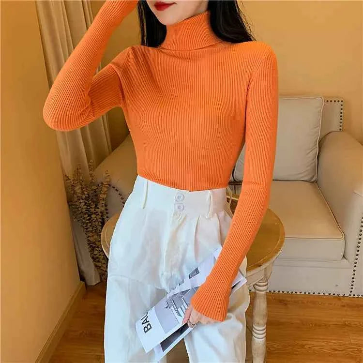 2026 Autumn Winter Women Long Sleeve Knitted Foldover Turtleneck Ribbed Pull Sweater Soft Warm Femme Jumper Pullover Clothes