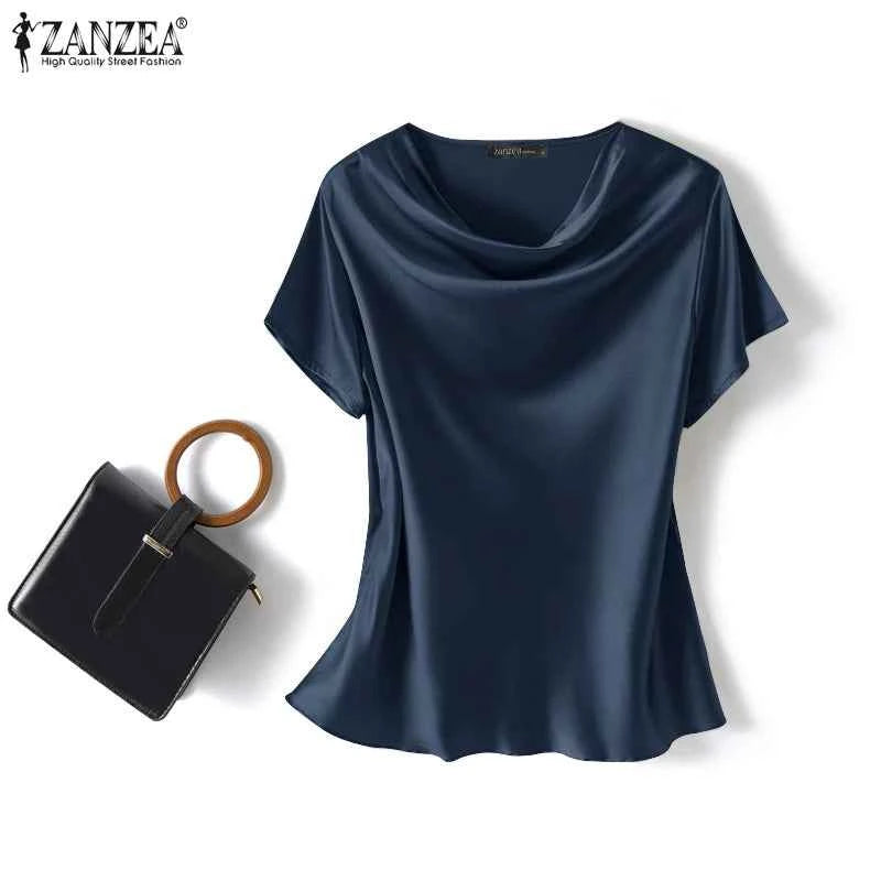 Women Summer Blouses ZANZEA 2024 Fashion Satin Tops Short Sleeve Blusas Female O Neck Casual Home Wear Tunic Chemise Oversized