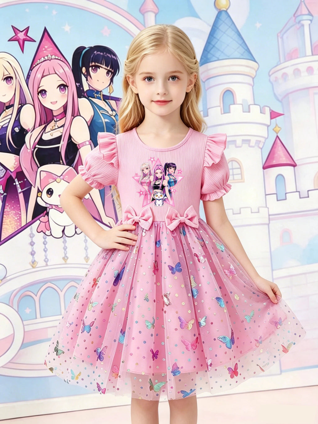 Dreamy Style Kids Princess Dress, Purple, K-POP Cartoon Print + Colorful Dot Butterfly Sequin Elements