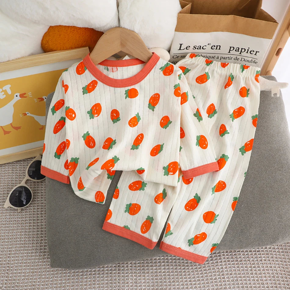 Summer Kids Cotton Pajama Sets Long Sleeve Pants Suitable Baby Gentle Nighttime Comfortable Sleepwear in Air Conditioned Rooms