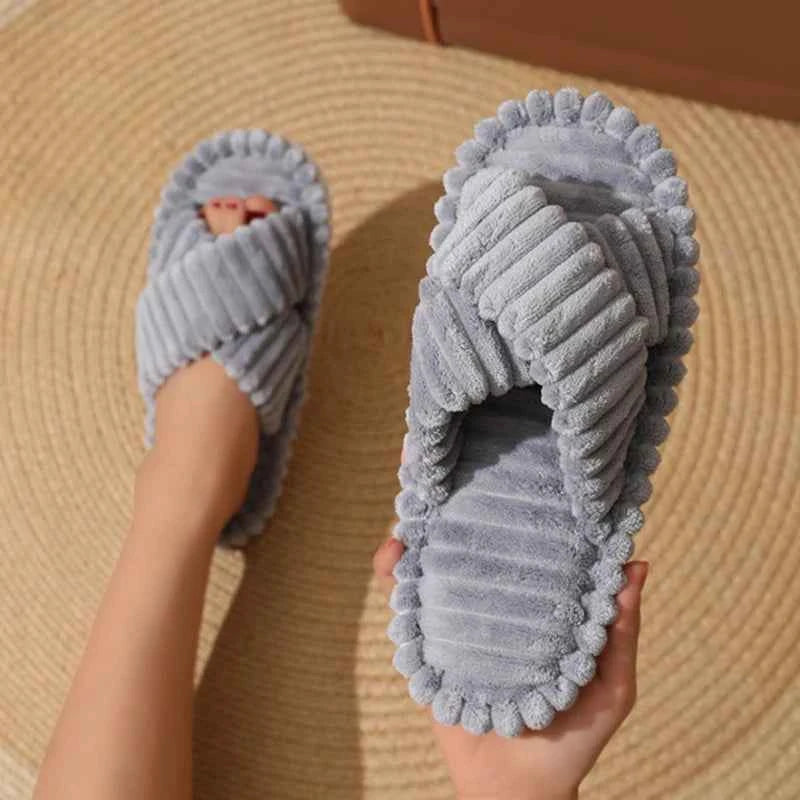 Fashion Corduroy Cross Band Home Slippers Women Spring Autumn Warm Plush Slides Woman Indoor Bedroom Soft Sole Cotton Slippers