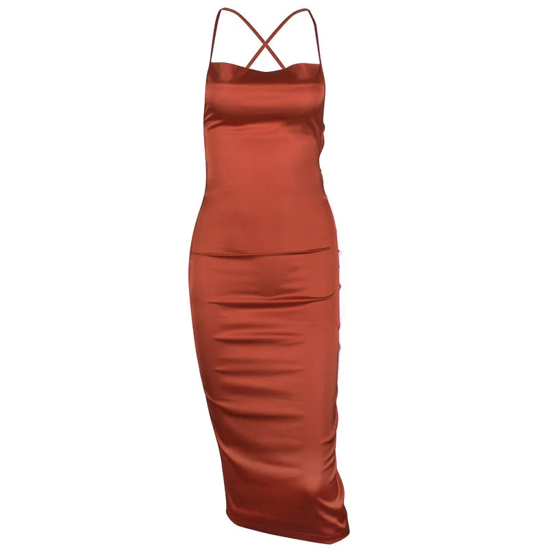 Sexy Slash Neck Back Cross Bandage Bodycon Dress Women Spaghetti Strap Solid Color Mid-calf Dress Elegant Club Party Vestidos