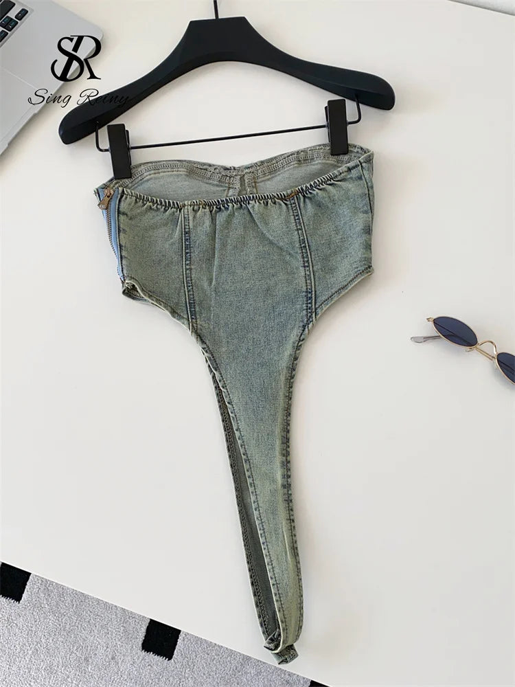 SINGREINY Hot Girl American Retro Sexy Top Female 2026 Minimalist Sleeveless Edgy Beach Bodysuit Strapless 1950s Denim Tank Top