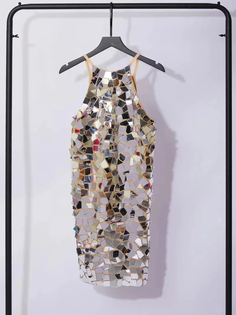 Sexy Shiny Sequin Dress Women Summer Sleeveless Backless O Neck Mini Dresses Ladies Elegant Halter Bodycon Glitter Party Dresses