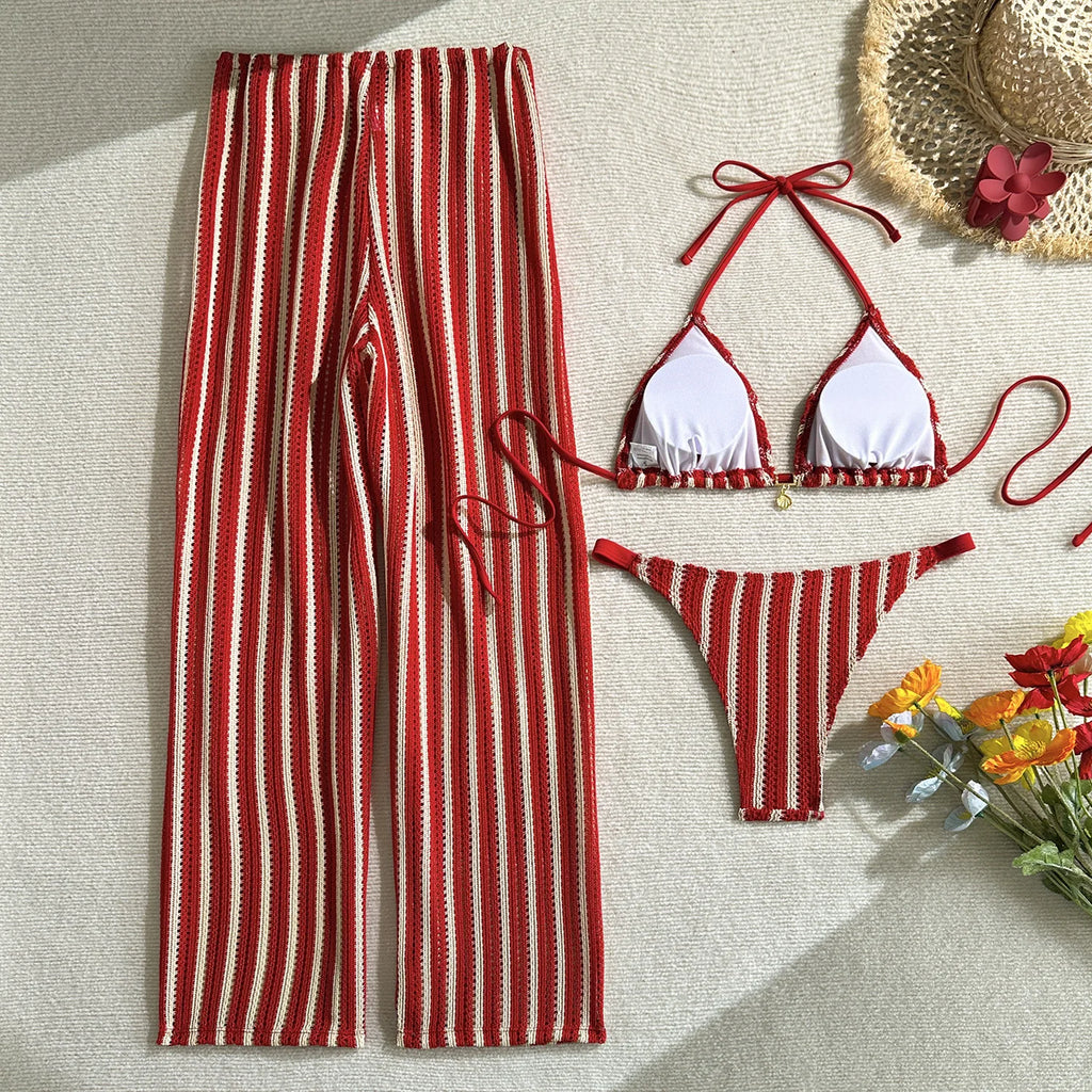 Vintage Red Striped Bikini Set 2026 Women Drawstring Long Panties 3 Piece Swimsuit Beach Holiday Bathing Suit Thong Swimwear